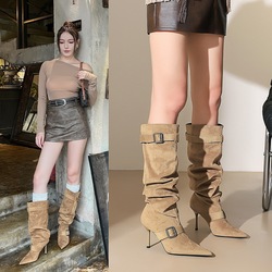 919-35 slim heeled long tube boots for women, high tube slimming boots, belt buckle, pointed pleat stacking boots, high-heeled knight boots