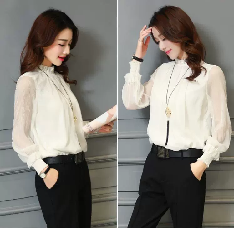 Весна Новая шифоновая рубашка с маленьким воротником-стойкой Сексуальная универсальная модная сетчатая рубашка с рюшами