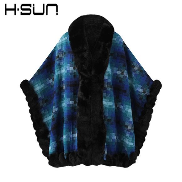 Capa tipo chal de piel sintética para mujer, estilo europeo y americano, para invierno cálido 2023, con cuello de piel sintética de conejo. image 9
