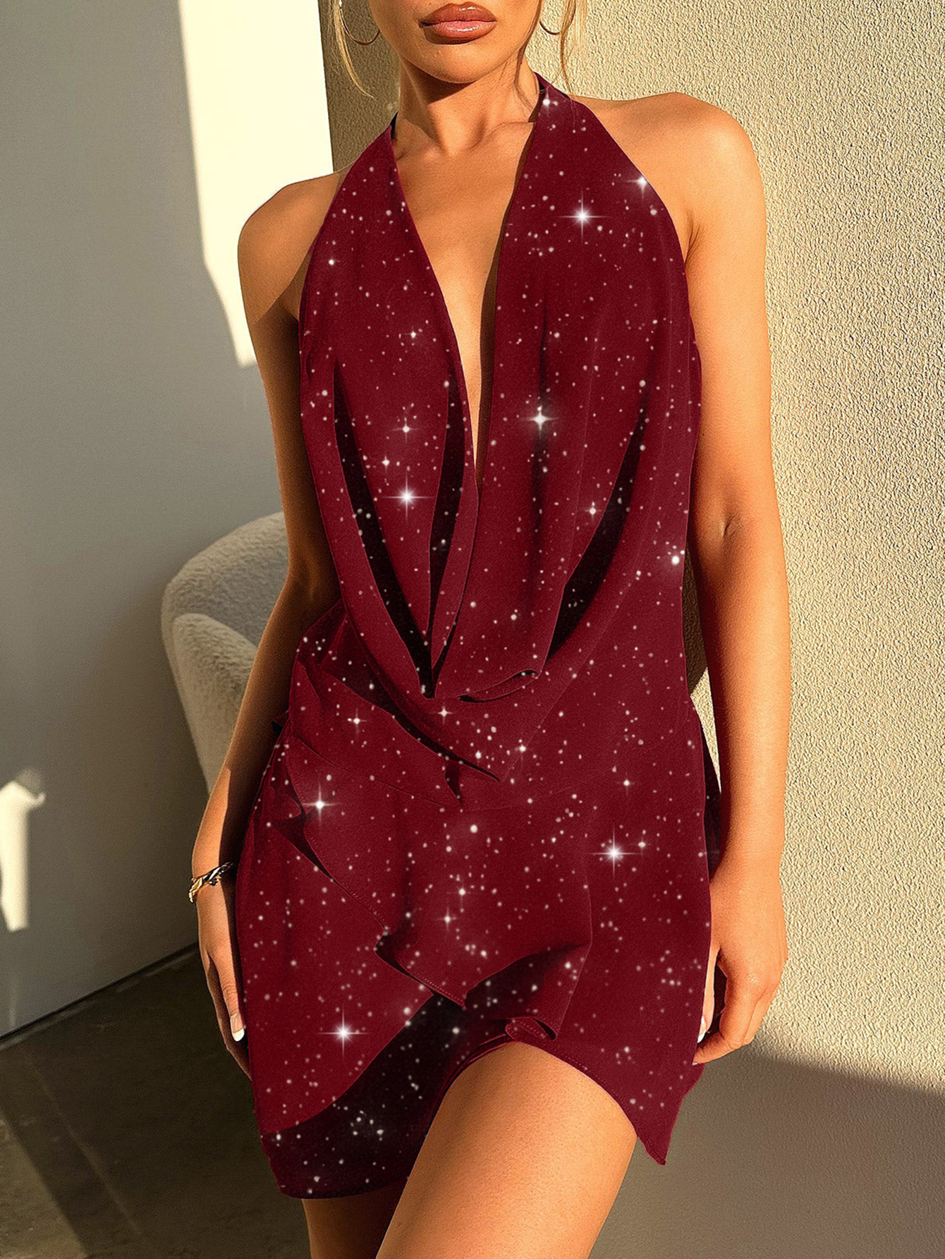 Halter Neck Solid Short Dress For Women Casual Party Club Wear_ecoleips.com