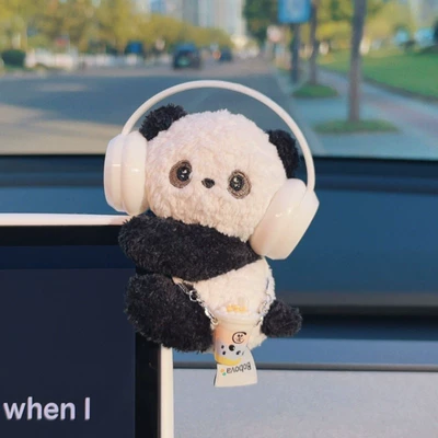 Car Dashboard Screen Decoration | Car ornaments - papa-ornaments-free-glue-panda-white-headphones-back-milk-tea
