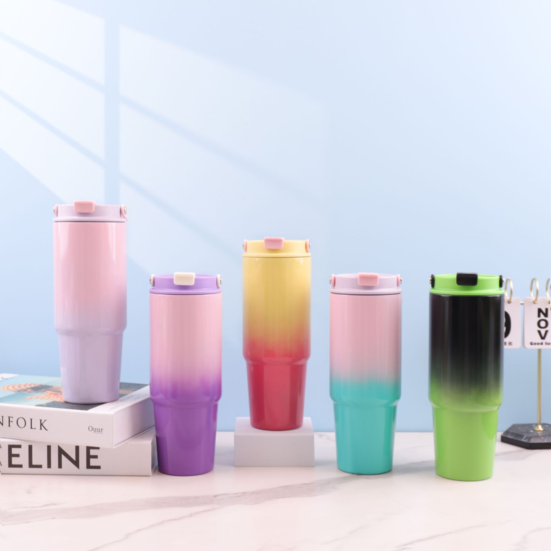Taza termo portátil de acero inoxidable con color degradado transfronterizo caliente de 30oz, taza de agua para automóvil con pajita portátil al aire libre de gran capacidad