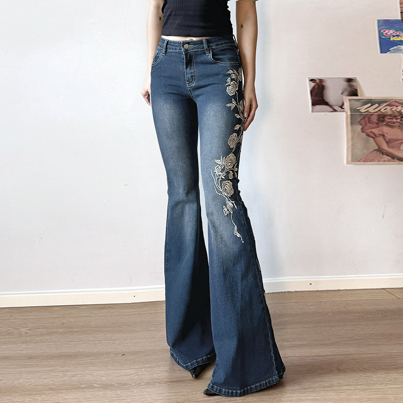 Rose Embroidery Retro Gradual Change Niche Slightly Spicy Jeans American Hot Girl Street Low Waist Thin Personality Trousers_ecoleips.com