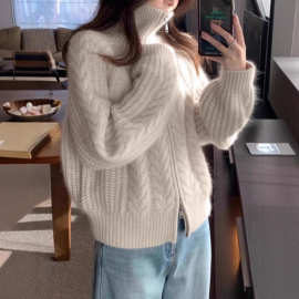 复古麻花双拉链纯羊毛开衫女秋冬新款高领加厚毛衣宽松针织衫