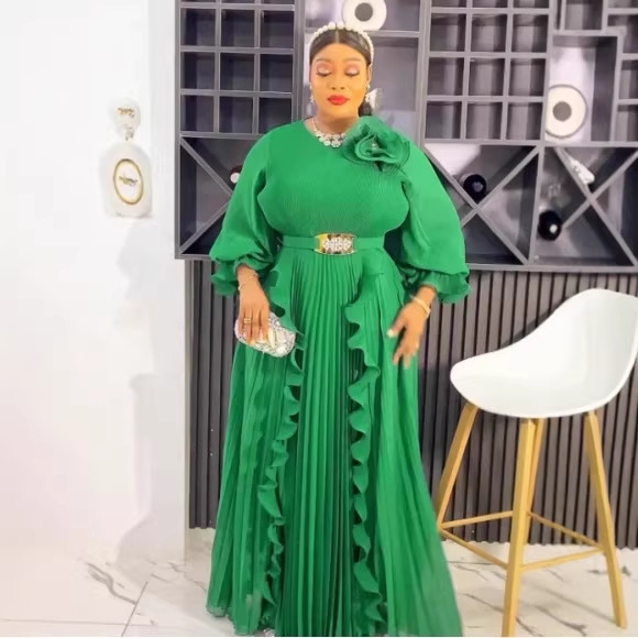 European and American Plus Size Ladies Elegant Chiffon Evening Dress Round Neck Puff Sleeves Stereo Flower Belt Long Prom Dress