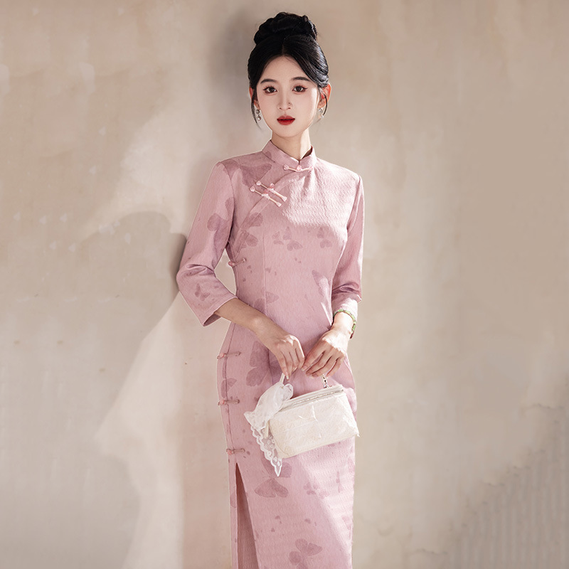 粉色蓝色国风新中式秋季长袖旗袍改良年轻款女复古修身收腰春秋装|undefined
