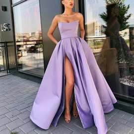 2025年新款欧美外贸礼服演出服性感抹胸开叉长款宴会主持人晚礼服