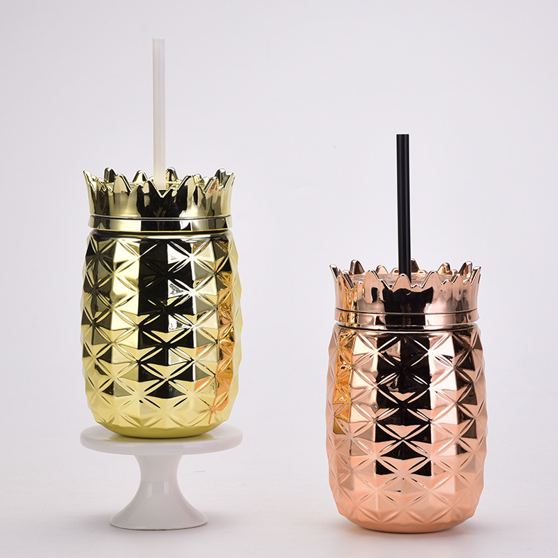 Direct Of Plated Plastic Diamond-shaped Pineapple Cup Creative Adult Straw Cup Electroplated Special-shaped Juice Cup