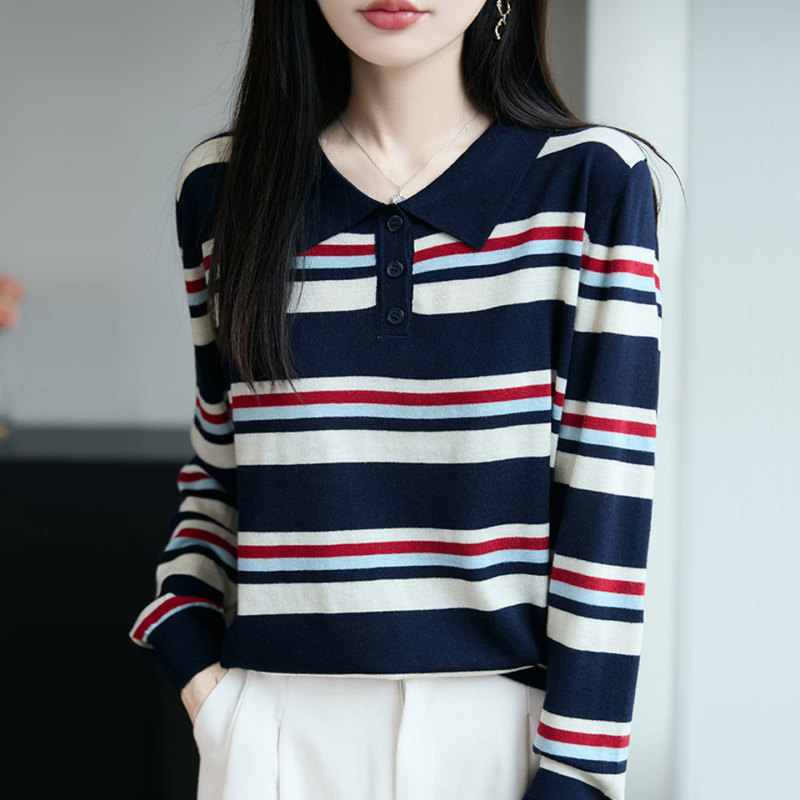 【厂家直供】早秋新款圆领条纹针织上衣女时尚百搭短款毛衣外搭衫|undefined