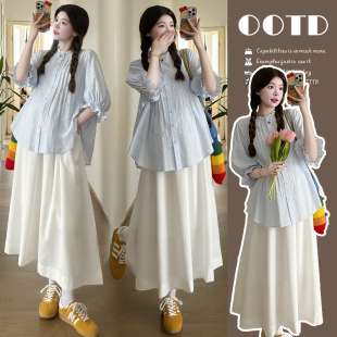 Pregnant women's summer suit 2024 spring and summer Japanese gentle puff sleeve loose temperament shirt skirt two-piece set for women