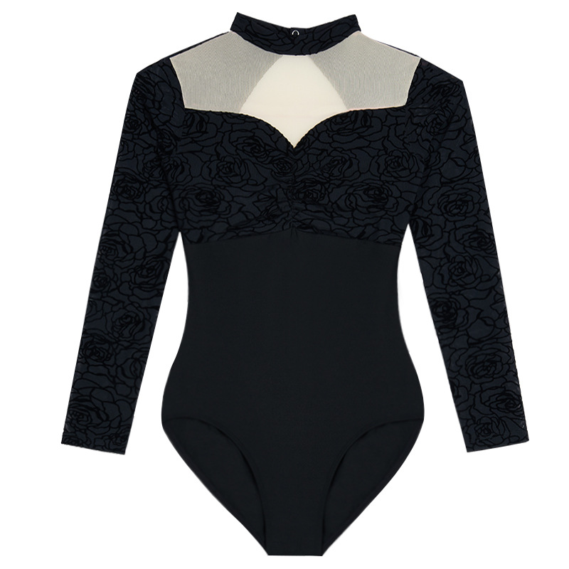 Ropa de baile de primavera negro Nuevo Flocado de manga larga ropa de práctica de baile latino Ropa de baile de ballet mono adulto