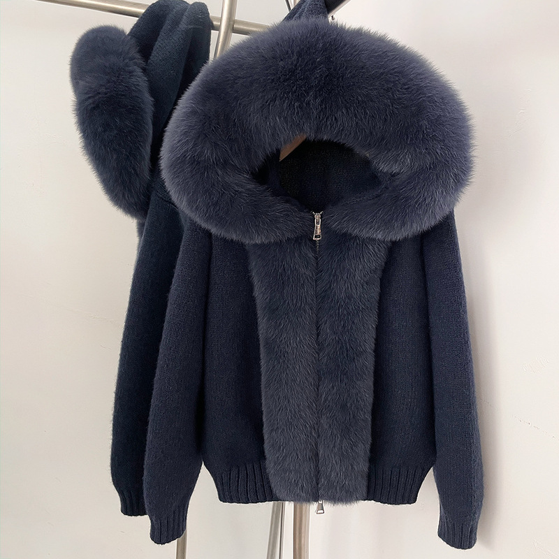 Hot-Selling Autumn and Winter New Hooded Knit Cardigan with Real Fox Fur Collar, Fashionable and Versatile Knit Sweater Coat Hot-Selling Autumn and Winter New Hooded Knit Cardigan with Real Fox Fur Collar, Fashionable and Versatile Knit Sweater Coat