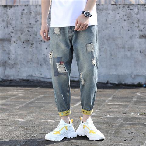 Jeans Slightly Fat Wear Plus Size Summer Thin Perforated Harlan Pippy and Handsome Trendy Cropped Pants Men's_voghion.com