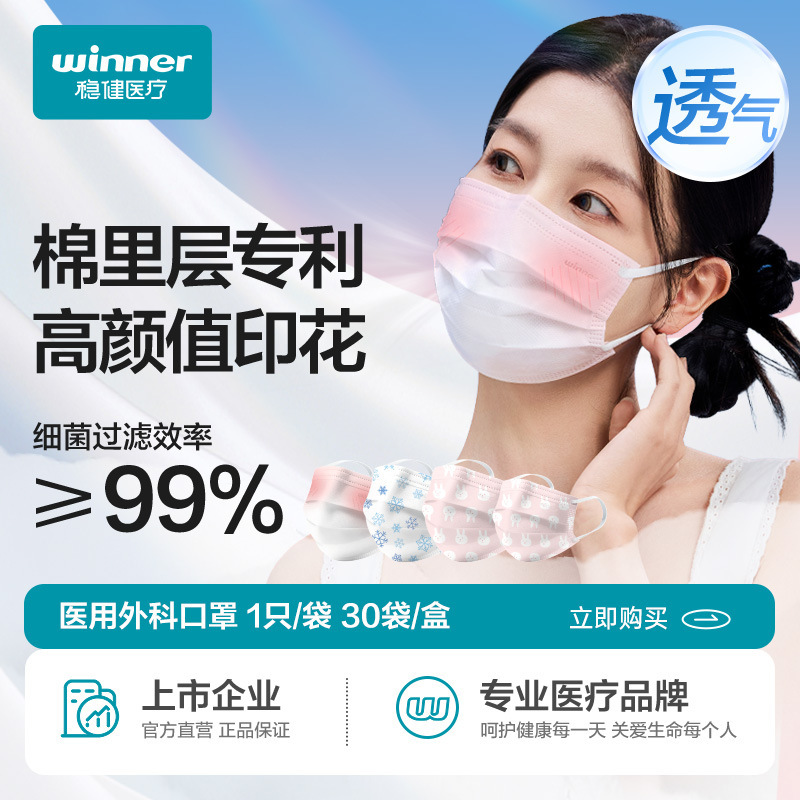 稳健医疗棉里层口医用外科口罩高颜值卡通印花腮红成人口罩独立包|undefined