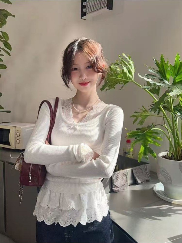 韩式蕾丝花边拼接针织衫女春秋显瘦内搭保暖v领打底衫甜美风上衣|undefined