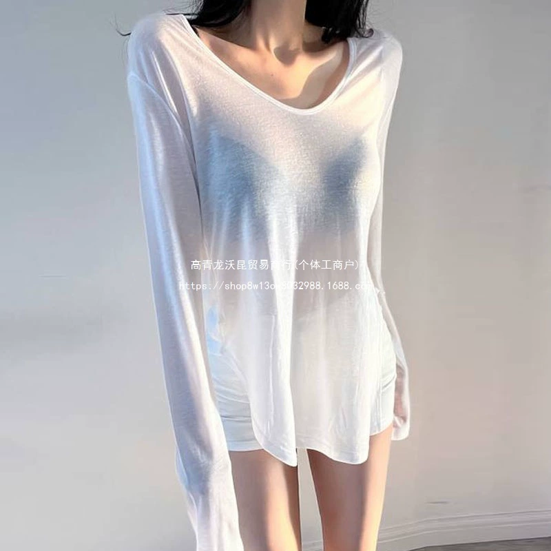 Новая весенняя тонкая белая рубашка с v-образным вырезом и длинными рукавами, рубашка с защитой от солнца, топ с разрезом для похудения для женщин