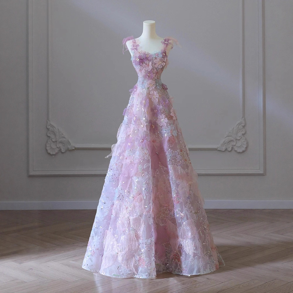 Purple Spaghetti Strap Heavy-Duty Engagement Dress for Women, High-End Light Luxury Niche Host Evening Stunning Princess Dress Toast Dress