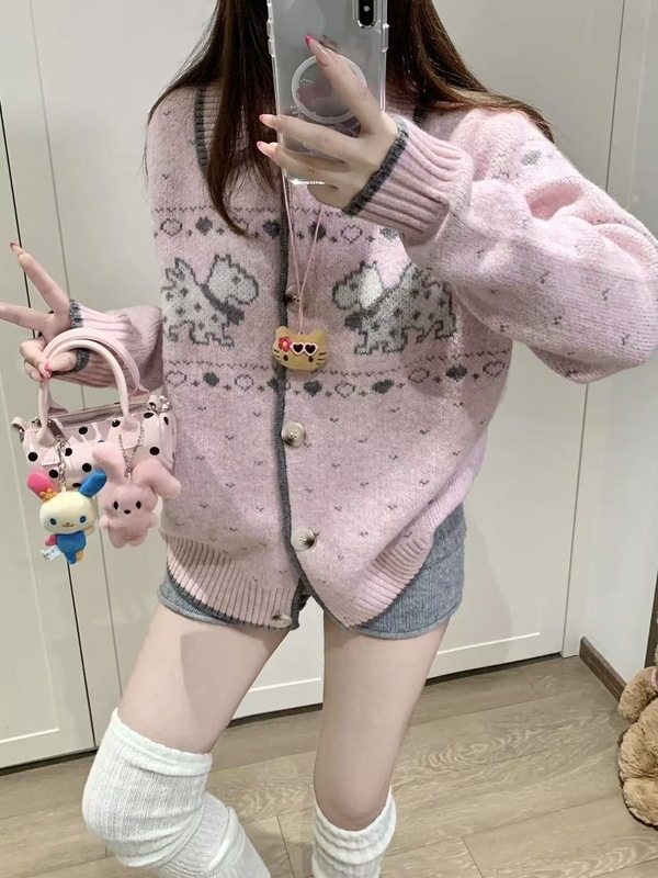 CHENQG/陈钱罐 慵懒风费尔岛小狗印花毛衣外套女软糯宽松针织开衫|undefined