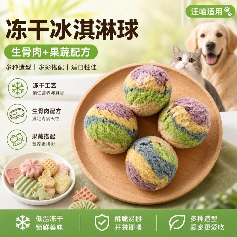 【Wangmiao Pet Food】Freeze-Dried Ice Cream Balls with Raw Meat, Fruits, and Vegetables; Freeze-Dried Chicken and Fruits