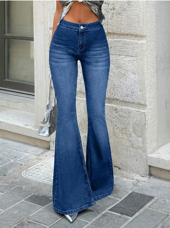 跨境美式速卖通Womenjeans简约微喇裤蓝色牛仔裤女百搭显瘦高街|undefined