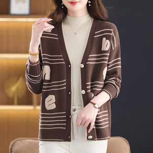 跨境2025秋冬新款全毛针织毛衣字母提花外套羊毛衫开衫上衣年轻款，女装针织衫/毛衣，妃慕昵服饰