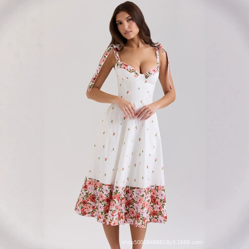 House's Same Style French Romantic White Floral Contrasting Bow Tie Sundress Waist Slimming Look Dress