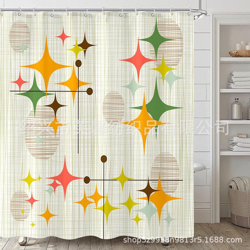 Medieval Modern Cross-Border Retro Star Shower Curtain Abstract Vintage Art Waterproof Bathroom Shower Curtain Decoration with Hooks