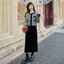 法式小香风羊毛呢套装裙女2025秋冬新重工钉珠拼接丝绒裙二两件套