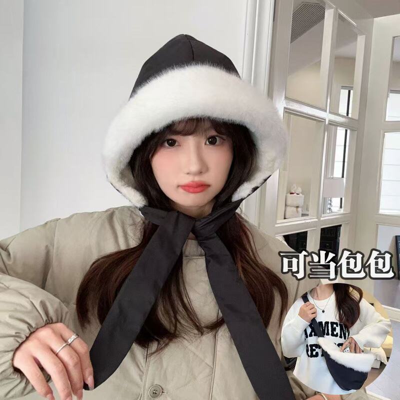 冬季加绒保暖雷锋帽子女羽绒棉防水包包两用户外骑车防风寒护耳帽|undefined