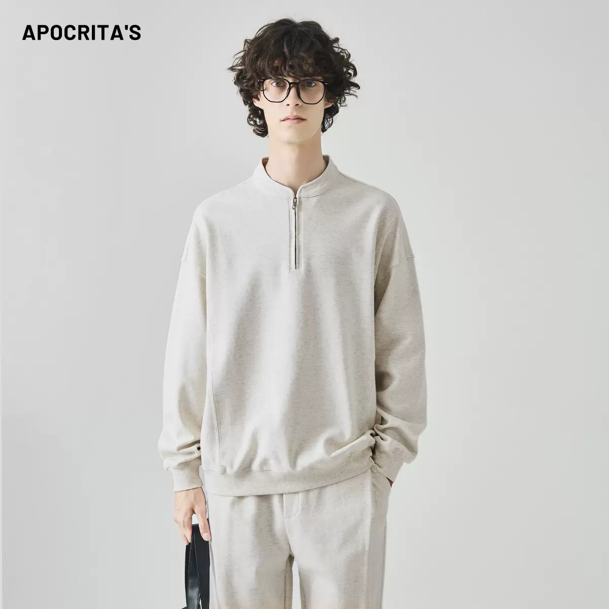 APO男装 |跨境欧美半拉链卫衣男秋季宽松立领磨毛纯色内搭长袖T恤