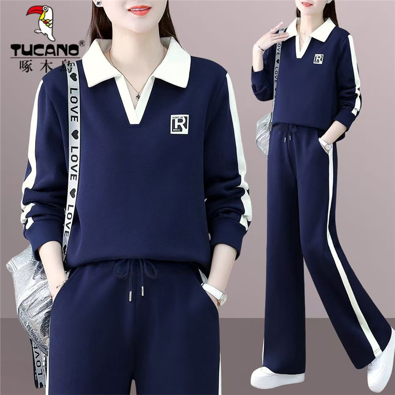 Woodpecker Casual Sports Suit for Women 2026 New Spring and Autumn Fashion Large Size Loose V-Neck Two-Piece Running Suit