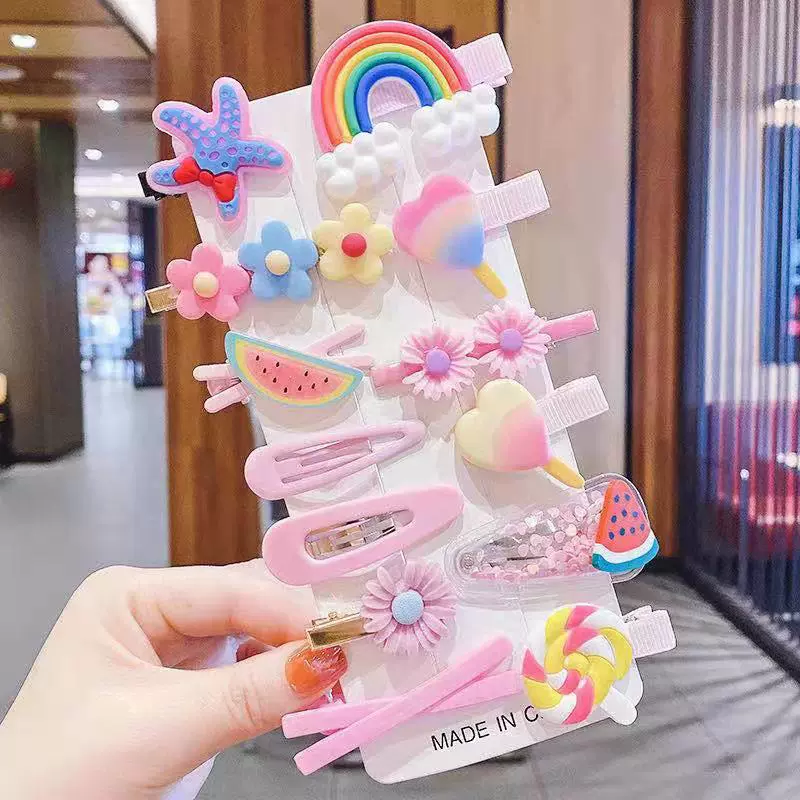 Cartoon cute set for princess, bangs, hair accessory, Korean style, flowered, 14 pieces