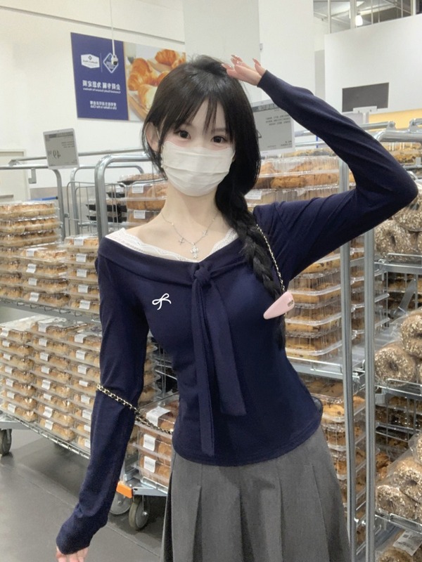 藏青色一字肩长袖t恤女秋季2025新款修身显瘦内搭打底衫辣妹上衣|undefined