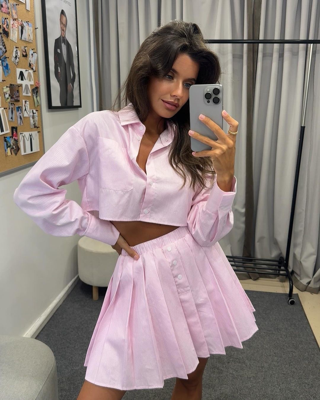 European And American Cross-Border Striped Long Sleeve Shirt Women's Tennis Fashion Casual Elastic Waist Pleated Short_ecoleips.com