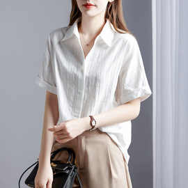 欧货纯棉白色衬衫女短袖2022夏天薄款宽松显瘦洋气小众设计感上衣