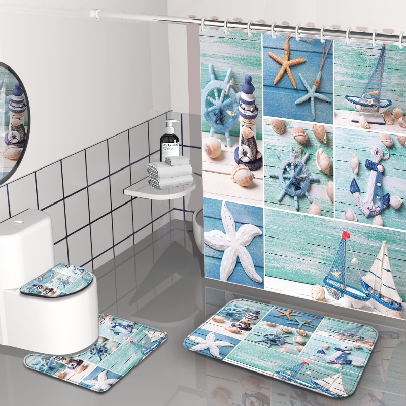 Impresión digital de ondas cortina de baño sin agujeros partición de baño cortina impermeable baño cuatro piezas conjunto de dibujo se puede fijar image 17