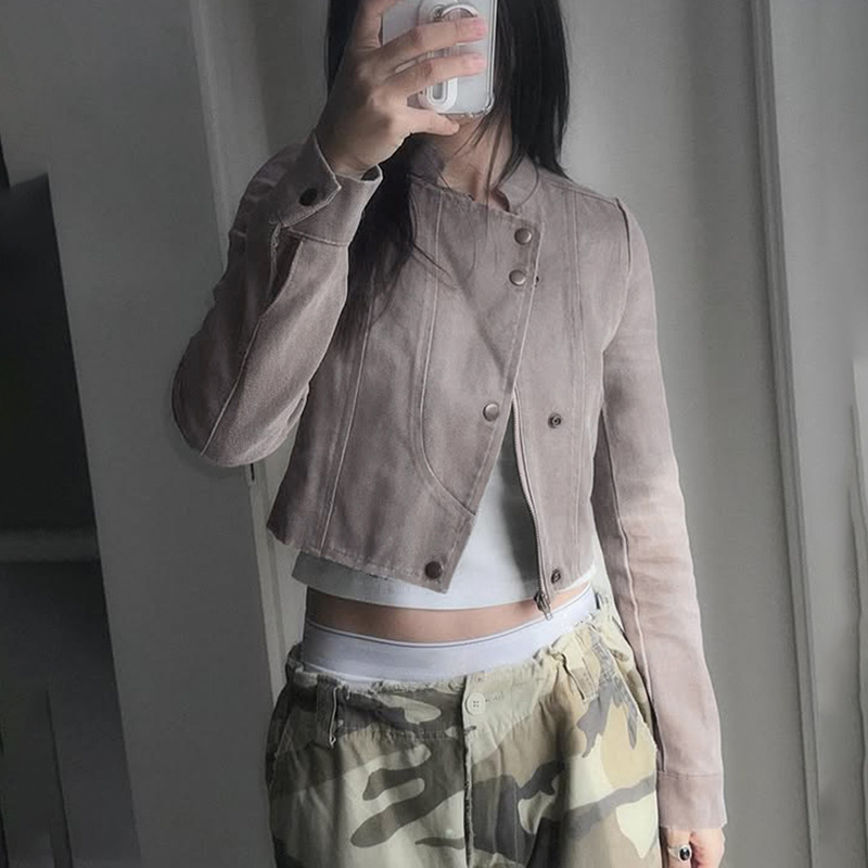 欧美秋冬新款甜酷帅气灰色麂皮机车服外套女辣妹修身短款立领夹克|undefined