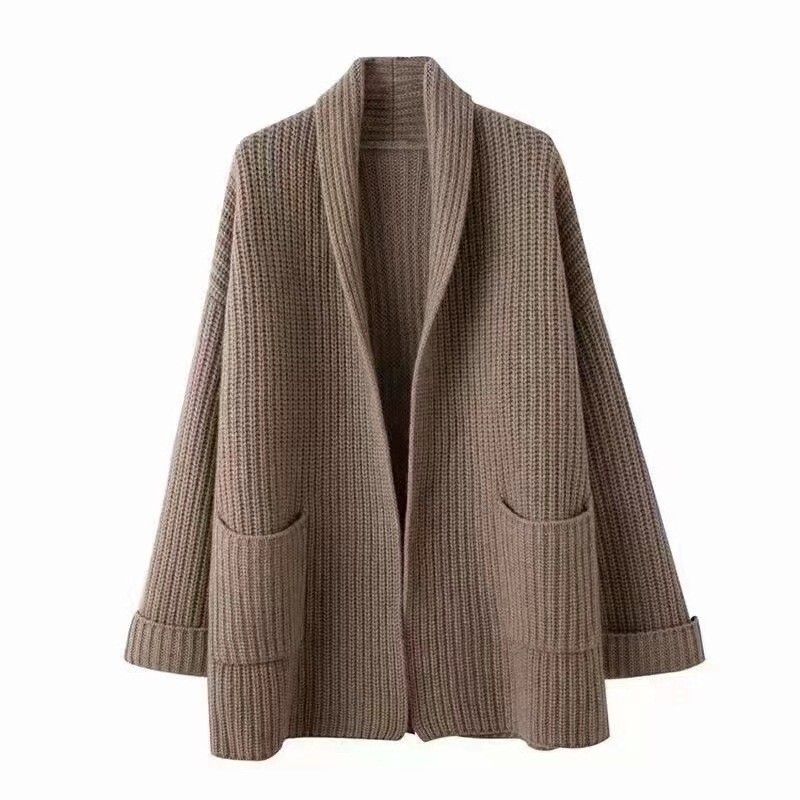 2026 Autumn and Winter New Style Suit Lapel Solid Color Thickened Sweater Jacket Outer Loose Mid-Length Knitted Cardigan for Women