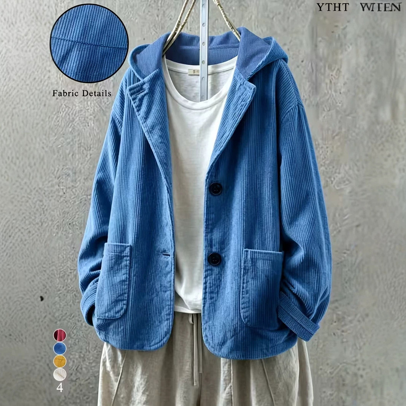 European and American cross-border Amazon women's retro loose long-sleeve button-down jacket with a hood, corduroy outerwear European and American cross-border Amazon women's retro loose long-sleeve button-down jacket with a hood, corduroy outerwear