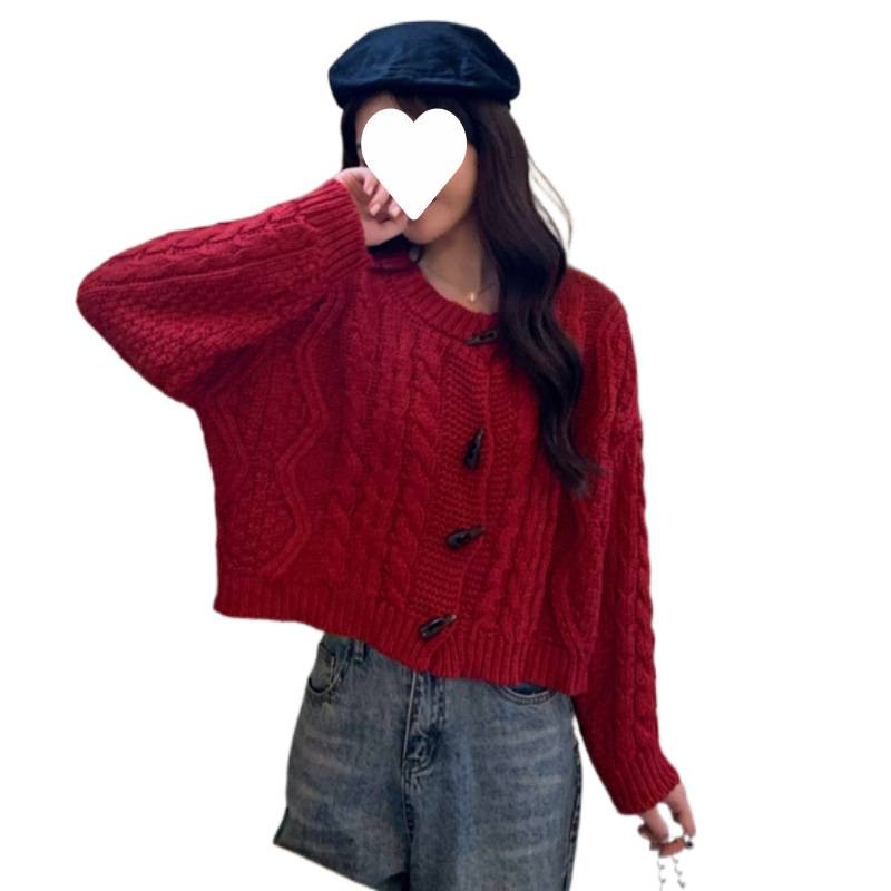 Suéter de torsión retro con cuerno de buey, cardigan de punto de otoño coreano, abrigo corto de estilo perezoso para mujeres