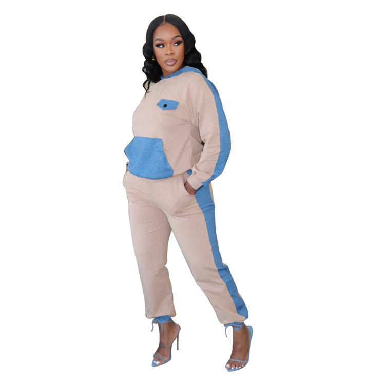 Women's Clothing 2024 autumn and winter hit casual denim patchwork hooded two piece suit_voghion.com