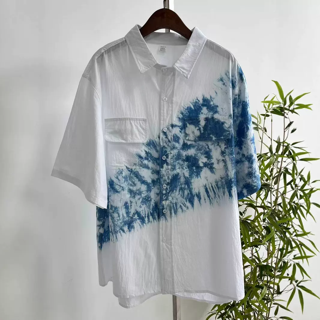 新款云南大理扎染短袖衬衣手工蓝染衬衫扎染短袖上衣宽松男士衬衫