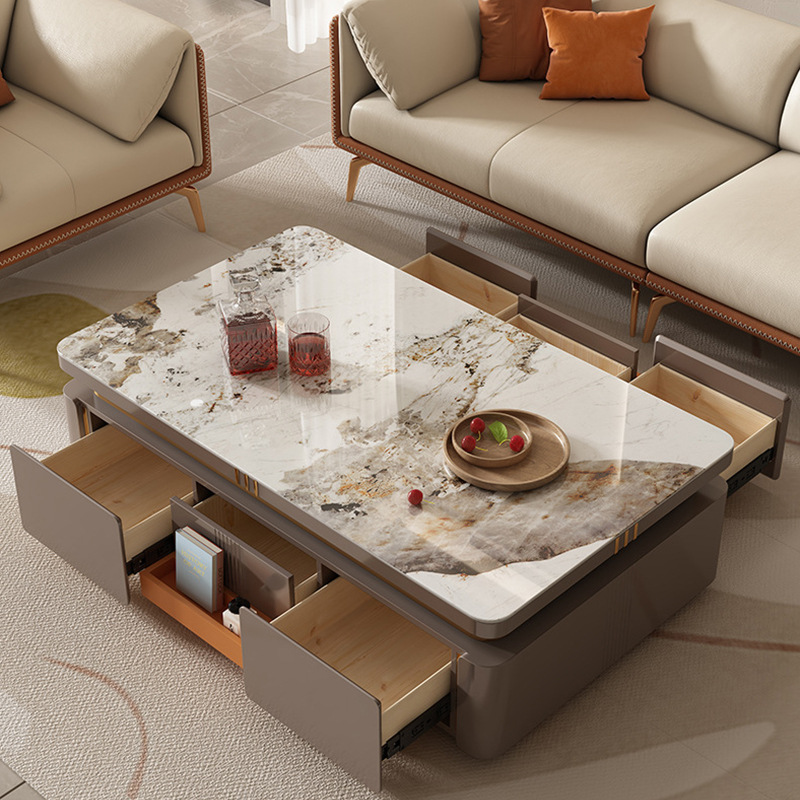 家用极简亮光岩板茶几 现代简约客厅电视柜组合长方形高级感茶桌