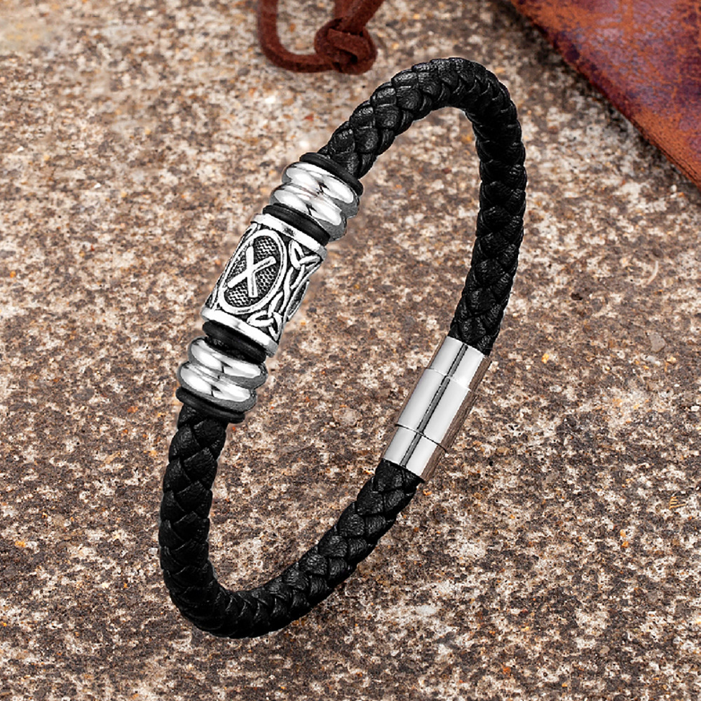 Men's Genuine Leather Braided Bracelet Stainless Steel Viking Rune Totem Magnetic Buckle Retro Stylish Trendy Men's Bracelet