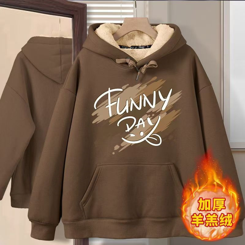 Fashion Trendy Coffee-Colored Hooded Sweatshirt for Men, Ultra-Thick 2024 New Winter Lamb Fleece Jacket with Extra Fleece and Thickening