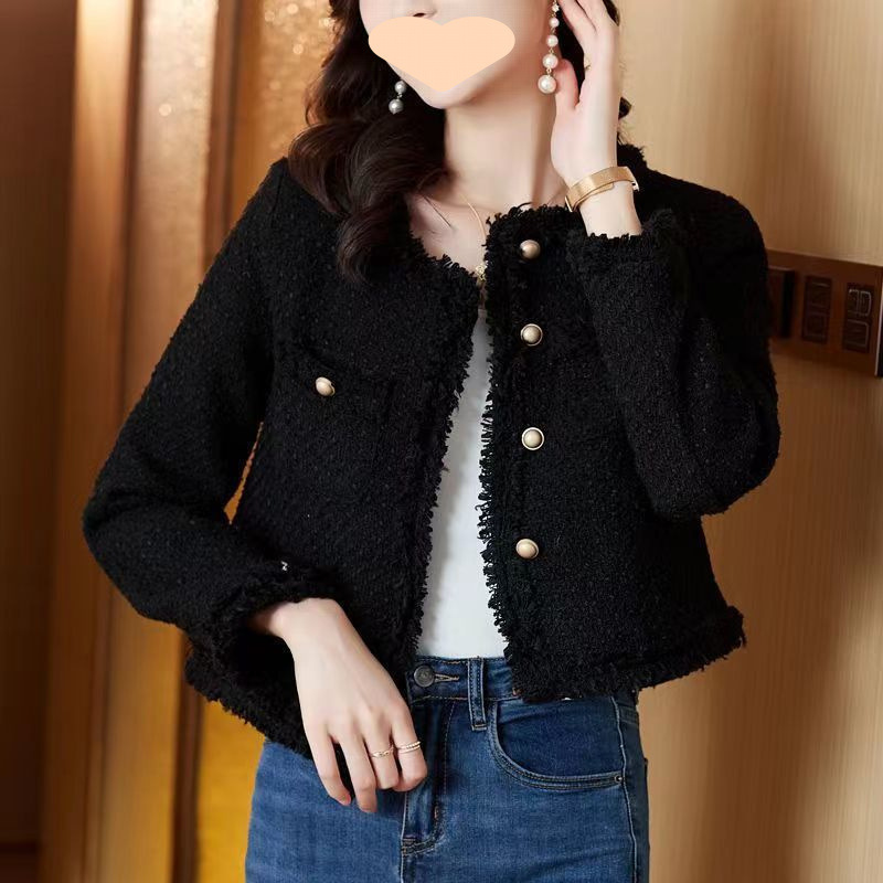 Black Chanel-Style Women's Jacket 2025 Spring and Autumn Short Tweed High-Fashion Versatile Slimming Elegant Top