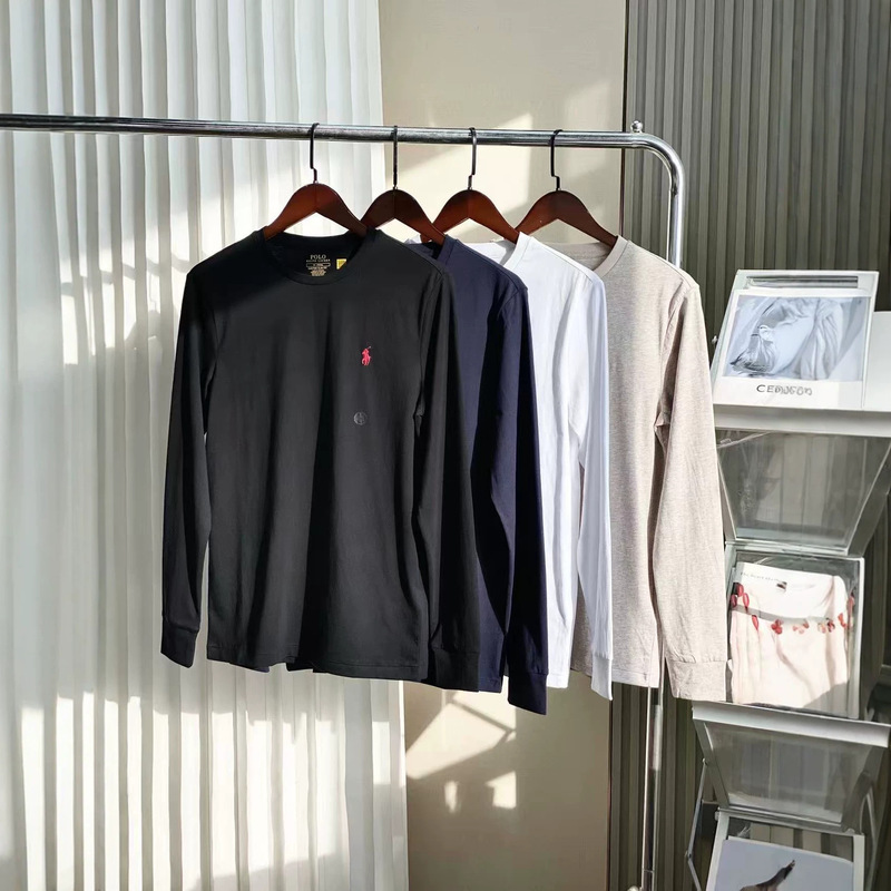 Three-Label Full-Version Verifiable Ralph Lauren Rl Pure Cotton Pony Logo Embroidered Solid Color Crew Neck Men's Long-Sleeve T-Shirt Three-Label Full-Version Verifiable Ralph Lauren Rl Pure Cotton Pony Logo Embroidered Solid Color Crew Neck Men's Long-Sleeve T-Shirt