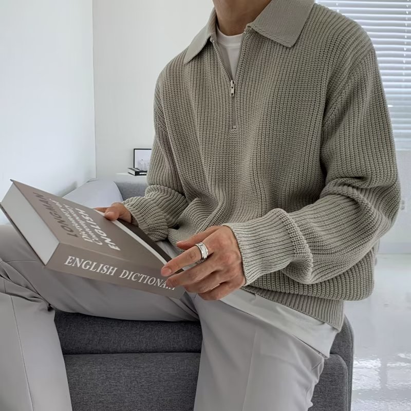 Diseño japonés de alto nivel semi-cremallera suéter hombre marca de moda Polo cuello delgado camiseta de punto de fondo