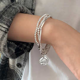纯银S925欧美时尚简约手环女气质三层银珠银管字母牌弹力绳手链