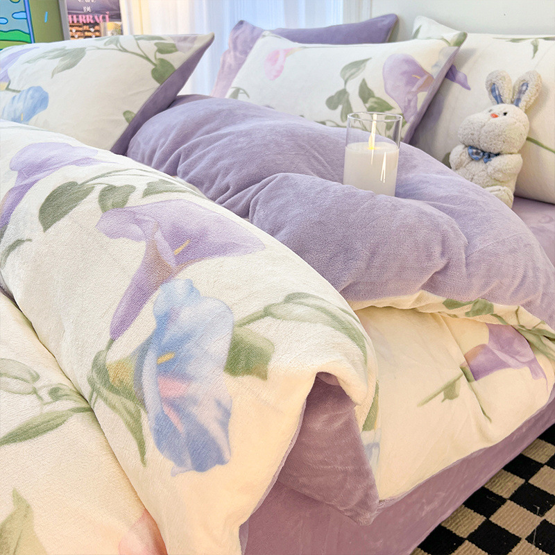 Juego de cuatro piezas de lana de leche gruesa de invierno 2024 nuevo juego de sábanas de tres piezas de lana de coral de doble cara más terciopelo